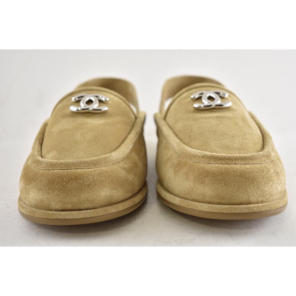 Chanel Dark Beige Suede Shearling CC Moccasin Ballet Slingback Loafer Flat 40 - Picture 11 of 16